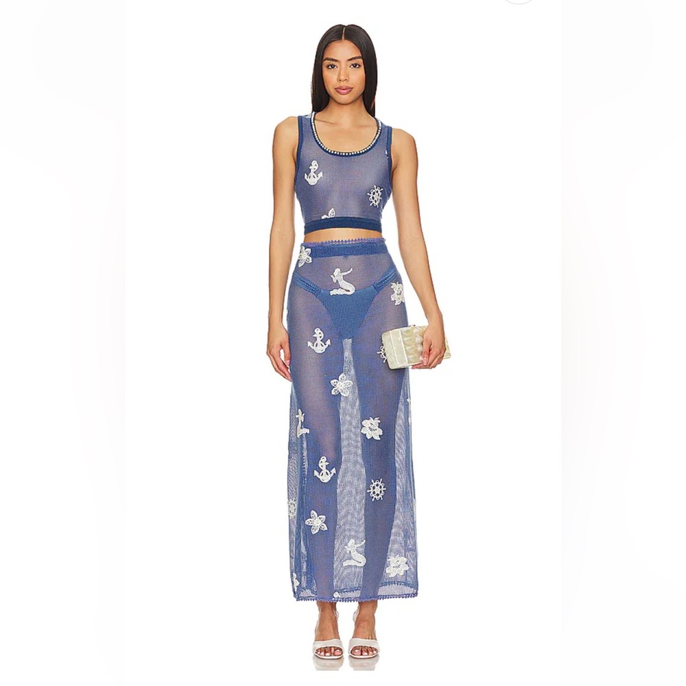 Agua Bendita Blue Maxi Skirt with White Nautical Motifs